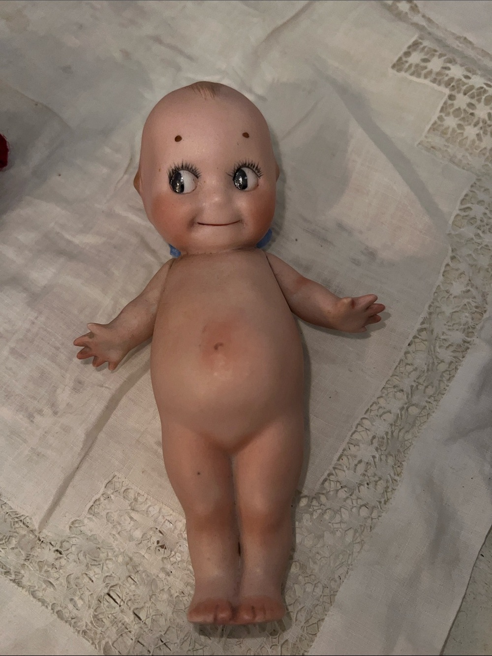 ANTIQUE all bisque, 6.5” Rose O'Neill KEWPIE signed doll jointed arms blue wings